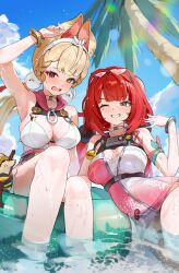 2girls alice_thymefield alice_thymefield_(sea_of_thyme) animal_ears blonde_hair blue_sky braided_twintails breasts cleavage cloud desire_(des1re) ear-to-ear eyewear_on_head green_eyes heart heart-shaped_eyewear heterochromia highres long_hair looking_at_viewer multiple_girls official_alternate_costume one-piece_swimsuit outdoors pink_one-piece_swimsuit rabbit_ears rabbit_girl red_eyes red_hair sitting sky smile swimsuit two-tone_one-piece_swimsuit ukinami_yuzuha ukinami_yuzuha_(tanuki_in_broad_daylight) yellow_eyes zenless_zone_zero