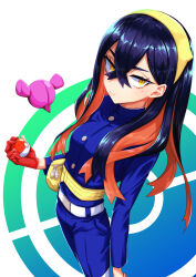 1girl absurdres belt belt_buckle black_hair blue_jacket blue_pants breasts buckle buttons carmine_(pokemon) closed_mouth commentary_request crossed_bangs eyelashes fanny_pack gloves hair_between_eyes hairband highres jacket long_sleeves looking_to_the_side multicolored_hair nintendo pants partially_fingerless_gloves pecharunt pokemon pokemon_(creature) pokemon_sv red_gloves two-tone_hair watan_(tvzv5527) white_belt yellow_bag yellow_eyes yellow_hairband zipper_pull_tab