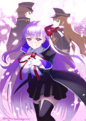 1boy 2girls absurdres bb_(fate) bikini black_garter_belt blush braid braided_hair_rings breasts brown_eyes brown_hair crying crying_with_eyes_open falling_petals fate/extra fate/extra_ccc fate/grand_order fate_(series) flower garter_belt gloves hair_ribbon hair_rings hands_on_own_chest highres kishinami_hakuno_(female) kishinami_hakuno_(male) leotard long_hair long_sleeves looking_at_another micro_shorts multiple_girls narukamikagerou neck_ribbon open_mouth outdoors petals pink_petals purple_bikini purple_eyes purple_hair red_ribbon ribbon school_uniform shorts smile solo streaming_tears swimsuit tears thighs tsukumihara_academy_uniform_(fate/extra_ccc) very_long_hair white_gloves white_leotard