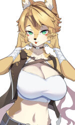 1girl absurdres animal_ears belt black_belt black_choker black_jacket blonde_hair blue_shorts body_fur breasts cat_ears cat_girl choker cleavage closed_mouth cropped_jacket cropped_shirt furry furry_female green_eyes halterneck highres jacket large_breasts long_hair looking_at_viewer nonoro_(potato461) pulchra_fellini shirt shorts smile solo tongue tongue_out very_long_hair white_shirt yellow_fur zenless_zone_zero