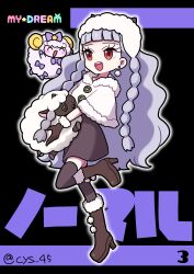 1girl :d alternate_costume black_dress black_gloves black_thighhighs blunt_bangs boots bow brown_footwear capelet closed_eyes commentary_request crossover dress earrings full_body fur-trimmed_capelet fur-trimmed_gloves fur-trimmed_headwear fur_trim gen_8_pokemon gloves high_heel_boots high_heels highres holding holding_pokemon idol_time_pripara jewelry koda_michiru koyoshi_yoko long_hair looking_at_another miichiru_(pripara) nintendo open_mouth parody pitsuji pokemon pokemon_(creature) pokemon_swsh pretty_series pripara project_voltage purple_bow red_eyes sheep smile standing standing_on_one_leg star_(symbol) style_parody thighhighs twitter_username vocaloid white_capelet wooloo