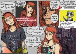 4chan ? aged_up bags_under_eyes bare_shoulders black_hairband bottle closed_mouth clover_hair_ornament collarbone commentary controller english_commentary english_text four-leaf_clover_hair_ornament game_controller grey_background grey_shirt hair_ornament hairband handheld_game_console head_tilt headset highres holding holding_controller holding_game_controller holding_handheld_game_console indoors long_hair nintendo_switch open_mouth orange_hair print_shirt puzzle_piece_hair_ornament shirt short_sleeves simple_background speech_bubble talking teeth thought_bubble toasty_rolls upper_body upper_teeth_only vivian_james wikipe-tan wikipedia wine_bottle