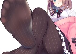1girl aqua_eyes aqua_gemstone black_bow blush bow breasts brown_hair brown_pantyhose cardigan closed_mouth collared_shirt feet festa11307070 frilled_skirt frills gem highres large_breasts long_sleeves looking_at_viewer medium_hair nijisanji no_shoes pantyhose pink_bow pink_cardigan purple_bow purple_skirt shirt simple_background skirt soles solo striped_bow striped_clothes striped_pantyhose striped_skirt suzuhara_lulu suzuhara_lulu_(1st_costume) toes two-tone_bow vertical-striped_clothes vertical-striped_pantyhose vertical-striped_skirt virtual_youtuber white_background white_shirt
