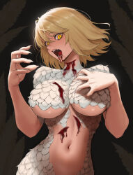 1girl blonde_hair blood breasts claws dungeon_meshi falin_touden falin_touden_(chimera) fangs feathers highres large_breasts looking_at_viewer medium_hair navel open_mouth scales slit_pupils slit_throat solo stomach teeth yellow_eyes yukimune