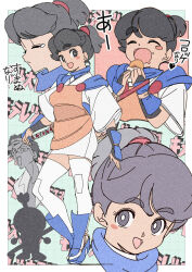 1boy 1girl ^_^ absurdres apologizing apron armor black_bridal_gauntlets black_eyes black_hair blue_sandals blue_scarf blush_stickers border bridal_gauntlets closed_eyes closed_mouth coat commentary cropped_head cropped_torso croquette dress drooling edoya_inuhachi food food_on_face full_body genderswap genderswap_(mtf) hand_on_hilt hands_up happy high_ponytail highres holding holding_food humanization japanese_armor katana kite_eiichi kiteretsu_daihyakka korosuke kote looking_at_another looking_at_viewer mouth_drool multiple_views okobo open_mouth orange_apron outside_border platform_sandals ponytail sandals scarf sheath sheathed short_dress short_hair short_ponytail silhouette smile solo_focus standing suneate sword sword_on_back tears thick_eyebrows thighhighs translated visor_cap weapon weapon_on_back white_border white_dress white_thighhighs wide_sleeves zettai_ryouiki