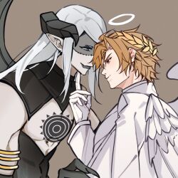 2boys angel_and_devil angel_wings bare_pectorals black_horns black_lips blue_eyes bracelet brown_background brown_hair closed_mouth clothing_cutout coat collared_coat curtained_hair daybit_sem_void demon_horns demon_wings earrings elbow_gloves eye_contact fate/grand_order fate_(series) feathered_wings fingernails gloves horns jewelry laurel_crown lipstick long_pointy_ears long_sleeves looking_at_another makeup male_focus multiple_boys multiple_earrings parted_bangs pectorals piercing pointy_ears profile road_darklight sharp_fingernails smile stitched_face stitches tezcatlipoca_(fate) upper_body white_coat white_gloves white_wings wings yaoi