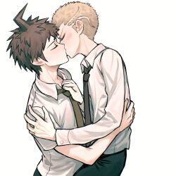 2boys ahoge blonde_hair brown_hair buttoned_cuffs buttons casssstle12 closed_eyes collared_shirt commentary danganronpa_(series) danganronpa_2:_goodbye_despair hand_on_another&#039;s_back hand_on_another&#039;s_shoulder hinata_hajime kiss kuzuryu_fuyuhiko long_sleeves male_focus multiple_boys necktie shirt short_hair short_sleeves simple_background spiked_hair symbol-only_commentary very_short_hair white_background white_shirt yaoi