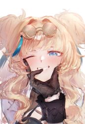 2girls black_gloves blonde_hair blue_eyes commentary english_commentary gloves grin highres honkai_(series) honkai_impact_3rd long_hair multiple_girls nyeppu one_eye_closed pov smile songque thelema_nutriscu two_side_up upper_body white_background yuri