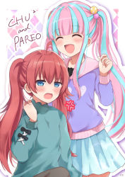 2girls :d ^_^ ahoge alternate_hairstyle anger_vein aqua_shirt argyle_background argyle_clothes artist_name bad_id bad_pixiv_id bang_dream! black_bow blue_eyes blue_hair blue_skirt blush bow character_name closed_eyes damu_(7spoil) hair_bobbles hair_ornament hand_on_own_shoulder highres lace-up_sleeves light_blue_hair blue_skirt long_hair long_sleeves multicolored_hair multiple_girls nyubara_reona open_mouth pink_hair purple_shirt red_hair shirt sidelocks skirt smile tamade_chiyu twintails two-tone_hair v-shaped_eyebrows