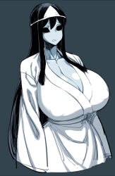 1girl black_hair black_sclera breasts cleavage collarbone colored_sclera colored_skin covered_erect_nipples cowboy_shot ghost grey_skin hair_between_eyes hime_cut huge_breasts japanese_clothes kimono long_hair long_sleeves no_pupils original right-over-left_kimono simple_background solo spacezin triangular_headpiece undead
