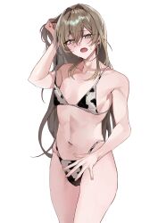 1boy absurdres animal_print bikini bikini_tug collarbone cow_print cow_print_bikini fang highleg highleg_bikini highres long_hair navel open_mouth original print_bikini solo stomach sweatdrop swimsuit toned toned_male trap zurui_ninjin