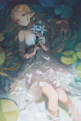 Rule 34 | 1girl, absurdres, afloat, alohayuja, bare shoulders, blonde hair, blue eyes, bracer, breasts, commentary, dress, feet out of frame, flower, from above, gold bracer, gold necklace, hair spread out, highres, holding, holding flower, jewelry, korean commentary, lily pad, long hair, looking at viewer, lying, medium breasts, medium dress, necklace, nintendo, on back, parted lips, partially submerged, pointy ears, princess zelda, ripples, silent princess, solo, strapless, strapless dress, the legend of zelda, the legend of zelda: breath of the wild, underlighting, very long hair, water, wavy hair, wet, wet clothes, wet dress, wet hair, white dress