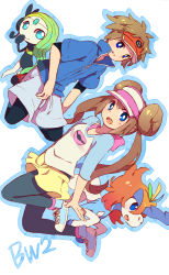 1boy 1girl :d blue_eyes blue_outline breasts closed_mouth commentary_request copyright_name creature double_bun fang full_body gen_5_pokemon green_hair hair_bun horns keldeo keldeo_(resolute) legendary_pokemon long_hair looking_at_viewer meloetta meloetta_(aria) mythical_pokemon nate_(pokemon) nintendo open_mouth outline pantyhose pokemon pokemon_(creature) pokemon_bw2 rosa_(pokemon) shoelaces shoes simple_background single_horn small_breasts smile sneakers twintails ukata white_background
