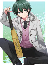 Rule 34 | 1boy, asas1322, baseball bat, black necktie, black pants, border, buttons, cardigan, coat, collared shirt, green background, green eyes, green hair, hair between eyes, highres, holding, holding baseball bat, hood, hood down, hooded coat, long sleeves, looking to the side, male focus, necktie, nie no machi, open clothes, open coat, pants, pink cardigan, rokushou asuku, shirt, short hair, simple background, sitting, solo, striped clothes, striped shirt, white border, white coat