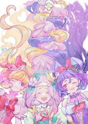 3girls asahina_mirai blonde_hair braid closed_eyes cure_flora cure_magical cure_miracle dress earrings gem haruno_haruka highres izayoi_liko jewelry long_braid long_hair looking_at_another magical_girl mahou_girls_precure! mole_morgue multiple_girls one_eye_closed open_mouth pink_hair precure puffy_short_sleeves puffy_sleeves purple_eyes purple_hair red_eyes shirt short_sleeves single_braid smile twitter_username