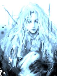1boy alucard_(castlevania) animal ascot black_gloves blue_theme castlevania:_symphony_of_the_night castlevania_(series) commentary english_commentary glitch gloves h34aa10 highres holding holding_animal lips long_hair male_focus monochrome rabbit solo upper_body wavy_hair