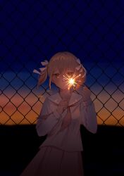 1girl azusawa_kohane brown_eyes brown_hair brown_neckerchief commentary_request cowboy_shot crossed_bangs dusk eye_reflection fireworks grey_serafuku hair_between_eyes hands_up highres holding holding_fireworks horizon kyline long_sleeves looking_at_viewer miyamasuzaka_girls&#039;_academy_school_uniform neckerchief net outdoors parted_lips project_sekai reflection ribbon ribbon_hair school_uniform serafuku short_twintails solo sparkle sparkler straight-on twintails white_ribbon
