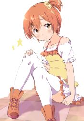 Rule 34 | 1girl, blush, boots, flat chest, hair bobbles, hair ornament, highres, hoshizora rin, love live!, love live! school idol project, miniskirt, off shoulder, orange boots, orange hair, sen (sen0910), short hair, side ponytail, simple background, sitting, skirt, smile, solo, thighhighs, white background, white thighhighs, yellow eyes