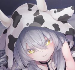 1girl animal_costume animal_ears animal_hood animal_print bright_pupils close-up collar collarbone cow_ears cow_horns cow_print eyes_visible_through_hair fake_horns fingernails grey_hair grin hair_between_eyes hood hood_up horns leash long_hair looking_at_viewer parted_lips pointing pointing_at_viewer portrait rurune_(vrchat) smile solo teeth viewer_holding_leash vrchat white_pupils yellow_eyes yuki_kawachi