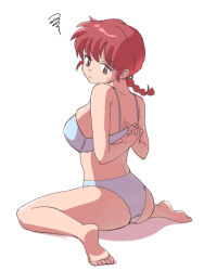 1girl adjusting_bra adjusting_clothes arms_behind_back ass barefoot blue_bra blue_panties bra braid braided_ponytail breasts closed_mouth commentary_request from_behind full_body imasime large_breasts long_hair looking_back panties ranma-chan ranma_1/2 red_eyes red_hair simple_background single_braid sitting solo squiggle undersized_breast_cup underwear underwear_only wariza white_background