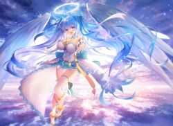1girl :d ahoge angel angel_wings anklet back_bow backlighting bare_shoulders blue_hair blue_ribbon blue_skirt blush boots bow breasts cleavage cloud cloudy_sky commentary detached_collar detached_sleeves dress feathered_wings floating_hair flying frilled_dress frilled_sleeves frills full_body glowing gold_trim hair_between_eyes hair_ribbon halo high_heel_boots high_heels horizon jewelry large_breasts long_hair looking_at_viewer miruno_(sennen_sensou_aigis) open_mouth outstretched_arm pigeon-toed purple_eyes reaching reaching_towards_viewer ribbon sennen_sensou_aigis skirt sky smile solo sparkle spread_fingers thigh_boots very_long_hair white_boots white_dress white_wings wings yuasa_akira