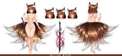 1futa absurdres airi_(floofytail) animal_ear_fluff animal_ears breasts brown_hair brown_tail reference_sheet commission commissioner_upload erection fox_ears fox_girl fox_tail futanari hair_between_eyes highres kitsune likunea multiple_tails nude original penis red_eyes short_hair small_breasts smile sword tail testicles uncensored weapon