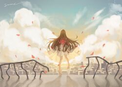 1girl barefoot brown_hair city cloud cloudy_sky commentary_request dress falling_petals from_behind highres imminent_suicide jumping long_hair on_roof original outdoors petals railing rooftop shadow signature sky solo sumi_0525 sunset white_dress wide_shot