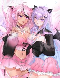 2girls :q absurdres aegyo_sal ahoge artist_request bandaid bandaid_on_leg bat_wings bell black_choker black_nails black_shrug black_sleeves black_streaks black_wings blue_hair blush bow breasts chain chain_necklace choker cleavage closed_mouth colored_inner_hair commentary cone_hair_bun cowboy_shot crossed_bangs detached_sleeves dress english_commentary fangs fingernails fishnet_shrug frilled_dress frills garter_straps gradient_sleeves hair_between_eyes hair_bow hair_bun hair_ornament hair_over_shoulder hand_up heart heart_necklace heterochromia highres indie_virtual_youtuber jewelry large_breasts licking_lips long_fingernails long_hair long_sleeves looking_at_viewer midriff mirukugatsu multicolored_hair multiple_girls navel_piercing neck_bell necklace open_mouth pentagram_necklace piercing pink_bow pink_dress pink_eyes pink_hair pink_skirt pink_sleeves pink_streaks pointy_ears purple_eyes purple_hair purple_shrug second-party_source shrug_(clothing) skirt sleeves_past_fingers sleeves_past_wrists smile sprinkle_hershy sprinkles stomach_tattoo streaked_hair swept_bangs tattoo teeth tongue tongue_out two-tone_shrug two_side_up upper_teeth_only very_long_hair virtual_youtuber white_streaks wing_hair_ornament wing_piercing wings x_hair_ornament