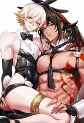 Rule 34 | 2boys, absurdres, animal ears, arm tattoo, asura (onmyoji), bishounen, black gloves, black hair, blonde hair, chest strap, chest tattoo, closed mouth, clothing request, commentary, commentary request, crossdressing, detached collar, detached sleeves, earrings, eyeliner, facial mark, fake animal ears, fingerless gloves, fingernails, gloves, green eyes, highres, jewelry, konsai 2, light smile, long hair, looking at viewer, makeup, male focus, multicolored hair, multiple boys, muscular, muscular male, onmyoji, pectorals, rabbit tail, red eyeliner, red eyes, red hair, red tattoo, short hair, simple background, straddling, streaked hair, tail, taishakuten (onmyoji), tattoo, teeth, thighs, toned, toned male, two-tone hair, upper body, upright straddle, white background, wrist cuffs, yaoi