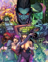 3girls 6+boys alien animal_print armpits aura bat_print bat_wings belt blue_eyes breasts b.b._hood capcom chad_walker cleavage cleavage_cutout clothing_cutout colored_skin demitri_maximoff demon_girl donovan_baine elbow_gloves electric_guitar elemental_(creature) energy energy_being fangs feathers fire fire_elemental flat_chest fur jon_talbain gloves green_hair green_skin grey_skin grim grin guitar gun instrument jedah_dohma large_breasts leotard lilith_(darkstalkers) lips long_hair machine_pistol morrigan_aensland multiple_boys multiple_girls pale_skin pantyhose plasma print_legwear purple_hair pyron red_eyes red_leotard short_hair smile submachine_gun uzi darkstalkers very_long_hair victor_von_gerdenheim weapon werewolf white_eyes wings yellow_eyes lord_raptor zombie