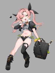 1girl absurdres aged_down black_boots black_choker black_jacket black_ribbon black_thighhighs blue_nails boots bracelet chocpocalypse choker commentary_request crime_prevention_buzzer earrings flute green_eyes green_nails hair_ornament hair_ribbon hairclip heart highleg highleg_panties highres instrument jacket jewelry loli long_hair mesugaki midriff mole mole_on_thigh mole_under_eye money multicolored_nails nail_polish navel necklace nicole_demara orange_nails panties pink_hair pink_nails recorder ribbon shirt short_shorts shorts single_thighhigh smug solo thighhighs torn_clothes torn_thighhighs tucked_money twintails underwear w white_shirt zenless_zone_zero
