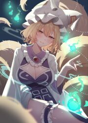 1girl blonde_hair breasts cleavage cowboy_shot dark_background dress extra_tails fire fox_girl fox_tail green_fire highres large_breasts maka_(user_rryf2748) short_hair simple_background sitting solo tail touhou white_dress yakumo_ran