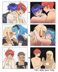 2boys 2girls amemiya_darumi babykatafan bad_tag black_hair black_hat blonde_hair blue_hair blush bra comic dark-skinned_female dark_skin earrings english_text eyepatch grabbing_from_behind hat highres holding_hands hood hoodie jewelry kawana_tsubasa last_defense_academy_school_uniform multicolored_hair multiple_boys multiple_girls nude omokage_yugamu one_eye_closed piercing red_hair sex sumino_takumi the_hundred_line_-last_defense_academy- tongue tongue_out turning_head twintails underwear white_bra white_hoodie yaoi yuri