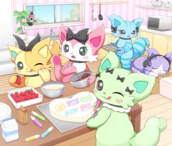 6+girls :3 all_fours animal_ears animal_feet animal_hands bag baking baking_sheet beatcats black_bow blue_fur blush bow bowl cake cat_ears cat_girl cat_tail chelsea_(beatcats) chocolate commentary_request digitigrade emma_(beatcats) everyone eyelashes feral_instincts food fruit furry furry_female green_eyes green_fur headphones heart heart-shaped_cake heart-shaped_food highres holding holding_whisk indoors kitchen layla_(beatcats) looking_at_viewer mia_(beatcats) multiple_girls nazoko_(beatcats) paper_bag pink_eyes pink_fur plant potted_plant purple_fur remoa_(kuremoa3912) rico_(beatcats) sanrio strawberry table tail tongue tongue_out whisk window wooden_floor yellow_fur