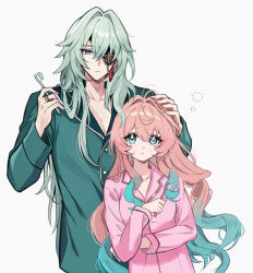 1boy 1girl anaxa_(honkai:_star_rail) aqua_eyes aqua_hair commentary eyepatch green_hair green_pajamas hair_intakes holding holding_toothbrush honkai:_star_rail honkai_(series) hyacine_(honkai:_star_rail) long_hair multicolored_hair pajamas pink_hair pink_pajamas simple_background toothbrush two-tone_hair veryslow_zzzpin white_background