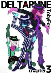 1boy 1girl 1other ^_^ animal_ears bad_tag black_hat black_jacket blue_hair blue_hat blue_jacket blue_shoes blue_skin closed_eyes colored_skin copyright_name deltarune elbow_gloves fedora formal_clothes full_body furry furry_female furry_male glasses gloves goat_ears green-framed_eyewear green_gloves green_shirt grin hat heart highres jacket kris_(deltarune) long_hair looking_at_viewer mamesuke_77 necktie open_mouth outstretched_arms pants pink_skin pixel_heart purple_hair purple_pants ralsei red_necktie round_eyewear shaded_face shirt shoes short_hair simple_background smile standing striped_clothes striped_jacket striped_pants striped_suit suit susie_(deltarune) suspenders white_background
