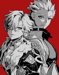 2boys archer_(fate) archer_(honkai:_star_rail)_(fate) aventurine_(honkai:_star_rail) bodysuit buttons closed_mouth clothing_cutout coat collar collared_shirt commentary_request crossed_bangs dark-skinned_male dark_skin earrings fate/stay_night fate/unlimited_blade_works fate_(series) from_side fur-trimmed_jacket fur_trim gloves greyscale_with_colored_background hair_between_eyes heart_cutout highres holding honkai:_star_rail honkai_(series) jacket jewelry lapels long_sleeves male_focus multiple_boys neck_tattoo open_clothes open_coat open_jacket open_mouth red_background shirt short_hair signature simple_background single_earring smile tattoo teeth upper_body vest wanco_28game
