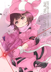 1girl absurdres blush brown_eyes brown_hair copyright_name gun hat highres holding holding_gun holding_weapon jacket llenn_(sao) mikami_rei pants pink_hat pink_jacket pink_pants short_hair solo submachine_gun sword_art_online sword_art_online_alternative:_gun_gale_online tongue tongue_out weapon