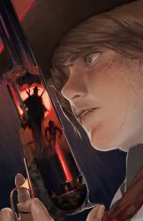 111papilio 1boy biting_own_lip blonde_hair blood_meridian blue_eyes fang gradient_background gun handgun highres reflection revolver scar scar_across_eye scar_on_face silhouette simple_background sunset the_kid_(blood_meridian) weapon