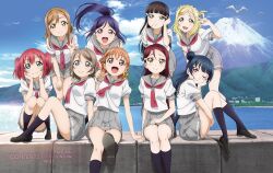 6+girls ahoge aqua_eyes arm_support artbook bird black_hair black_socks blonde_hair blue_eyes blue_hair blue_sky blunt_bangs blush bow braid brown_hair closed_mouth cloud clover_hair_ornament copyright_name crown_braid day floating_hair grey_hair grey_skirt hair_between_eyes hair_bow hair_bun hair_ornament hairclip hand_in_own_hair hand_on_lap hand_on_own_cheek hand_on_own_face hand_on_own_knee head_rest high_ponytail highres kneehighs kunikida_hanamaru kurosawa_dia kurosawa_ruby leaning_forward loafers long_hair looking_at_viewer love_live! love_live!_sunshine!! matsuura_kanan miniskirt mole mole_under_mouth mount_fuji mountain multiple_girls neckerchief non-web_source ocean official_art ohara_mari one_eye_closed open_mouth orange_hair outdoors pleated_skirt ponytail purple_eyes purple_hair red_eyes red_hair red_neckerchief sakurauchi_riko school_uniform serafuku shirt shoes short_hair short_sleeves single_hair_bun sitting skirt sky smile socks summer_uniform takami_chika tsushima_yoshiko twintails two_side_up uranohoshi_school_uniform watanabe_you white_shirt yellow_bow yellow_eyes