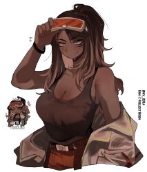 1girl absurdres belt black_tank_top breasts brown_coat cleavage coat dark-skinned_female dark_skin goggles highres lab_coat large_breasts limbus_company long_hair multicolored_hair ny_000a open_clothes open_coat project_moon ran_(project_moon) sweat sweatdrop tank_top white_eyes wristband