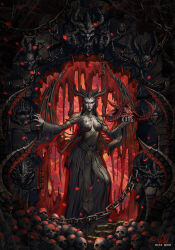 Rule 34 | 1girl, absurdres, black dress, black lips, breasts, bug, chain, cleavage, demon, demon girl, demon horns, demon wings, diablo (series), dress, earrings, fingernails, full body, hell, heterochromia, highres, horns, jewelry, lilith (diablo), looking at viewer, medium breasts, pile of skulls, sharp fingernails, skull, solo, spider, wanhsienwei, wings