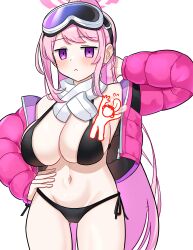 Rule 34 | 1girl, :&lt;, absurdres, arm behind head, arm up, armpits, bikini, black bikini, blue archive, blush, breasts, cleavage, closed mouth, collarbone, commentary request, cowboy shot, cropped jacket, doodle sensei (blue archive), eimi (blue archive), eimi (swimsuit) (blue archive), goggles, goggles on head, halo, halterneck, highres, jacket, jinggeomdari, korean commentary, large breasts, licking, licking armpit, long hair, long sleeves, navel, official alternate costume, official alternate hairstyle, open clothes, open jacket, pink hair, pink halo, pink jacket, ponytail, purple eyes, sensei (blue archive), side-tie bikini bottom, simple background, stomach, swimsuit, thighs, very long hair, white background