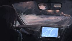 1girl 62_retas absurdres black_eyes black_hair car car_interior closed_mouth driving expressionless from_behind highres looking_outside mirror motor_vehicle multiple_girls night original rain reflection seatbelt short_hair steering_wheel