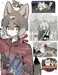 Rule 34 | 2boys, animal, animal ears, badger, brown eyes, brown hair, cereal box, church, commentary, coyotetaodog, extra eyes, fox, grey hair, hood, hoodie, looking at viewer, male focus, multiple boys, original, red hoodie, short hair, symbol-only commentary, tail, third eye, white background, wolf, wolf boy, wolf ears, wolf tail