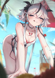1girl :q absurdres all_fours alternate_costume aton_(aton2503) bare_legs bare_shoulders beach_umbrella black_eyes black_flower blake_bloom_(wuthering_waves) blue_sky blurry blurry_foreground blush breasts camellya_(wuthering_waves) casual_one-piece_swimsuit cleavage closed_mouth collarbone commentary_request day flower hair_flower hair_ornament hair_vines highres legs looking_at_viewer medium_breasts one-piece_swimsuit outdoors partial_commentary red_pupils short_hair sky smile solo swimsuit tacet_mark_(wuthering_waves) thighs tongue tongue_out umbrella wet white_hair white_one-piece_swimsuit wuthering_waves