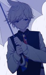 Rule 34 | 1boy, absurdres, art waven, black vest, blonde hair, blue eyes, blue necktie, blue theme, closed mouth, collared vest, commentary request, crying, crying with eyes open, earrings, facing viewer, hair flaps, hands up, highres, holding, holding umbrella, jewelry, kagamine len, long sleeves, looking to the side, male focus, multicolored necktie, necktie, project sekai, puffy long sleeves, puffy sleeves, rain, raised inner eyebrows, sad, shirt, short hair, sideways glance, simple background, solo, swept bangs, tears, umbrella, upper body, vest, vocaloid, white background, white shirt