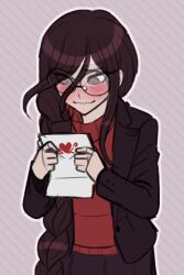 1girl alternate_costume aqua_hair bastart13 blush braid brown_hair brown_jacket closed_mouth commentary danganronpa:_trigger_happy_havoc danganronpa_(series) english_commentary eyelashes fukawa_toko glasses happy heart holding holding_paper jacket long_hair open_clothes open_jacket outline paper purple_eyes red_sweater round_eyewear single_braid smile solo sweater valentine wavy_mouth white_outline