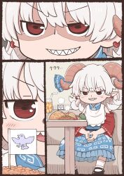 1girl bib black_shoes blue_bow blue_dress blush bow broccoli brown_horns commentary_request croquette cup curled_horns curly_hair detached_sleeves dress drinking_straw eagle_spirit_(touhou) earrings flag food full_body grin hair_bow highres horns jewelry mary_janes medium_hair okosama_lunch omelet omurice plate pointy_ears poronegi red_eyes red_sleeves sharp_teeth shoes shrimp shrimp_tempura sitting sleeveless sleeveless_dress smile socks teeth tempura tomato touhou toutetsu_yuuma v-shaped_eyebrows white_hair white_socks