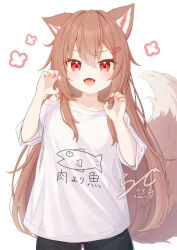 1girl animal_ears animal_print black_shorts brown_hair claw_pose cowboy_shot fangs fish_print flat_chest hands_up highres long_hair looking_at_viewer open_mouth original print_shirt rade_(rade_552) red_eyes shirt shorts simple_background solo three-quarter_sleeves white_background wolf_ears wolf_girl